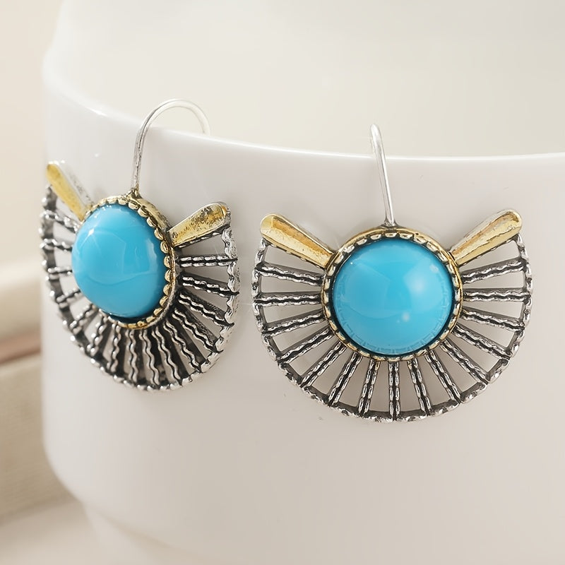Bohemian Turquoise Fan-Shaped Hollow Hook Earrings