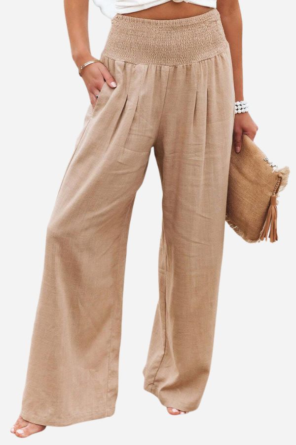 Wide-Leg Trousers in Linen with Smocked Waist
