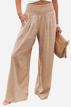 Wide-Leg Trousers in Linen with Smocked Waist
