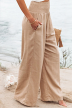 Wide-Leg Trousers in Linen with Smocked Waist