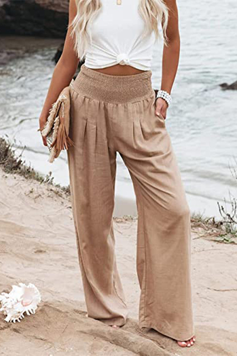 Wide-Leg Trousers in Linen with Smocked Waist