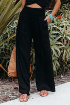 Wide-Leg Trousers in Linen with Smocked Waist