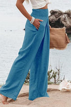 Wide-Leg Trousers in Linen with Smocked Waist