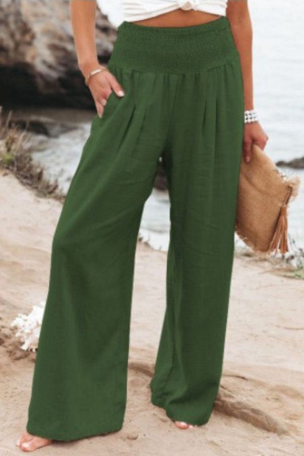 Wide-Leg Trousers in Linen with Smocked Waist