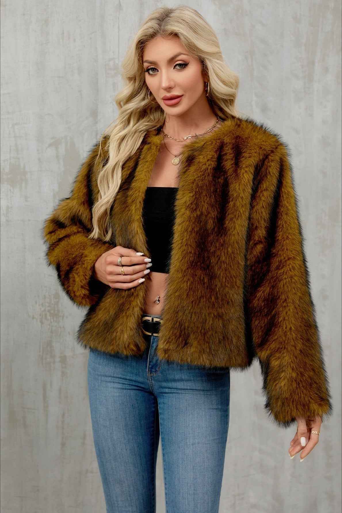Cropped Plush Cardigan with Crew Neck and Long Sleeves