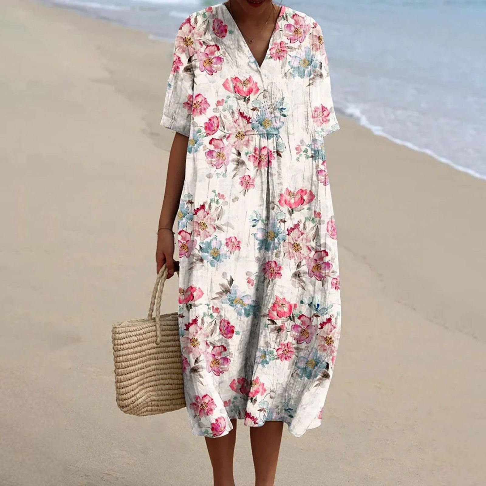 Midi-jurk met bloemenprint, gerimpelde taille en zachte mouwen