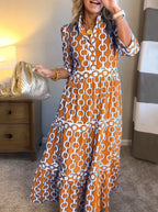 Chain-Link Print Blouson Sleeve Tiered Maxi Dress