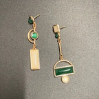 Green Stone Asymmetric Drop Earrings in Gold Tone