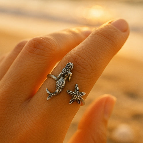 Adjustable Mermaid Starfish Silver-Tone Ring
