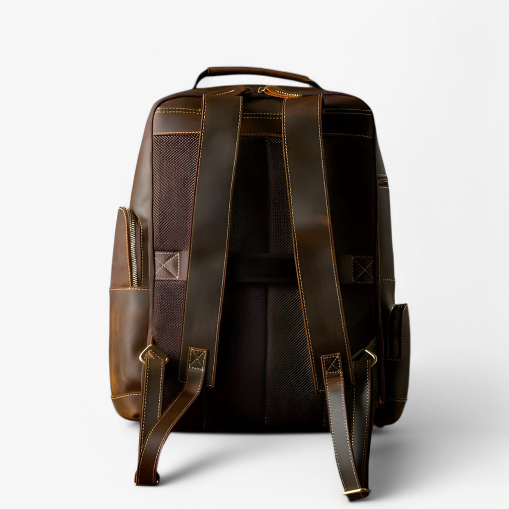 Retro-Style Brown Leather Backpack with Padded Laptop Sleeve