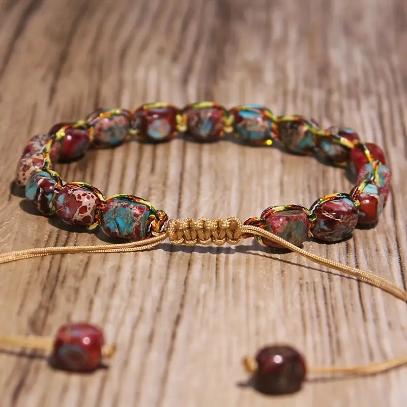 Pulseira de Contas de Jaspe Imperial em Tons Turquesa e Vermelho