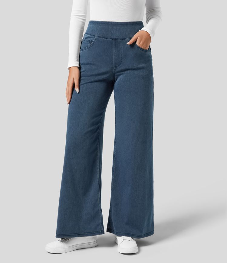 Pull-On Wide-Leg Jeans in Denim-Look Fabric