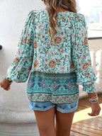 Floral Cotton Blouse with V-Neck Tie Detail
