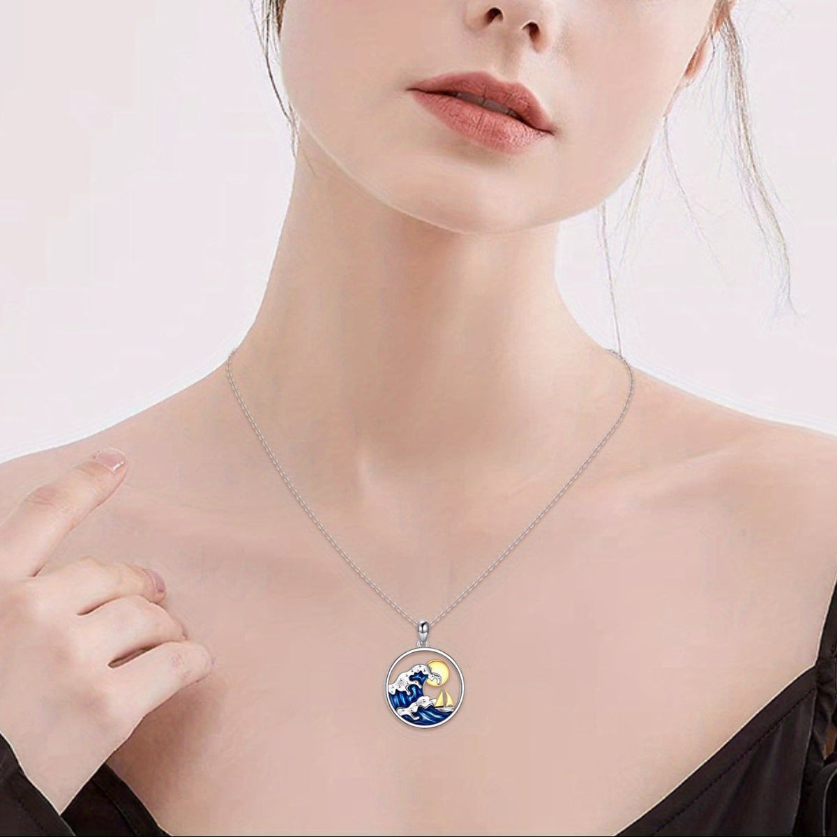 Silver-Tone Ocean Wave, Sun and Sailboat Pendant Necklace