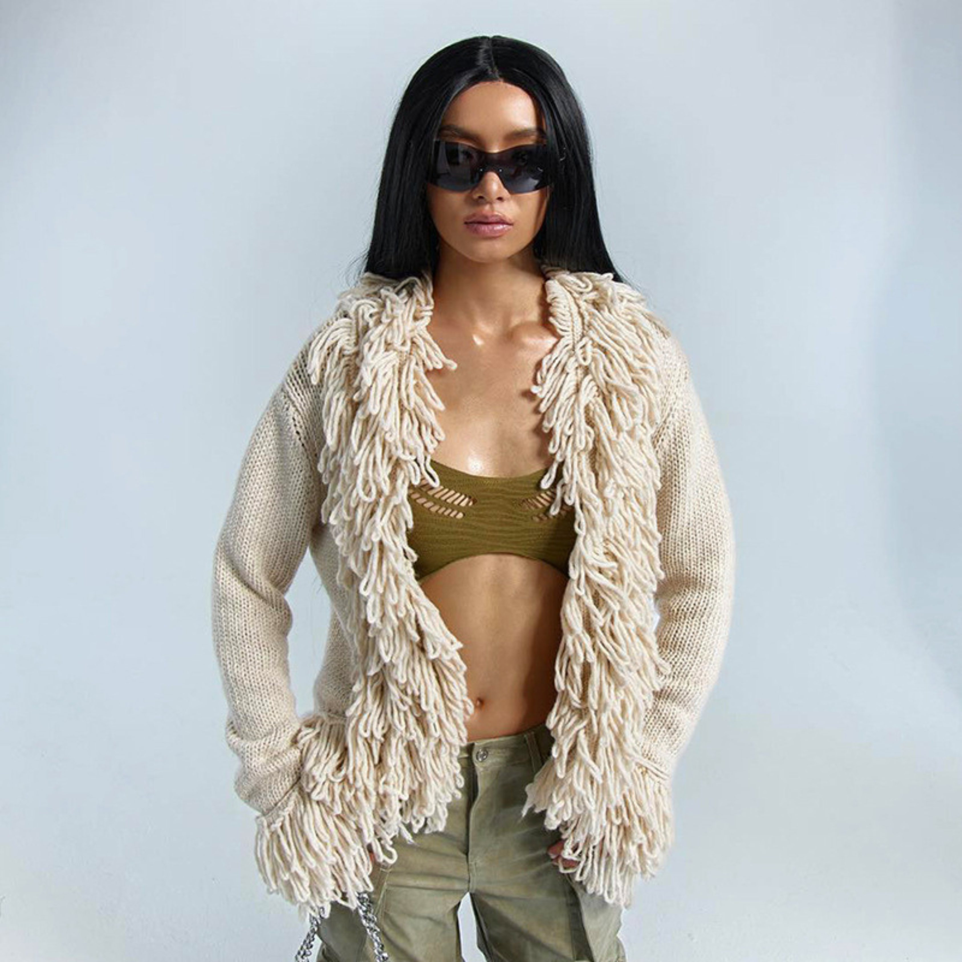 Open Front Cardigan with Fringe Trim and Long Sleeves