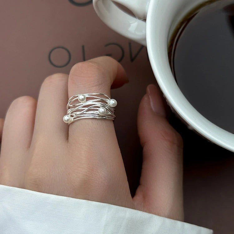 Slim Silver-Tone Wrap Ring with Pearl-Look Bead