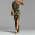 One-Shoulder Front-Slit Gathered-Waist Maxi Dress
