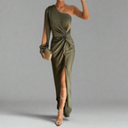 One-Shoulder Front-Slit Gathered-Waist Maxi Dress