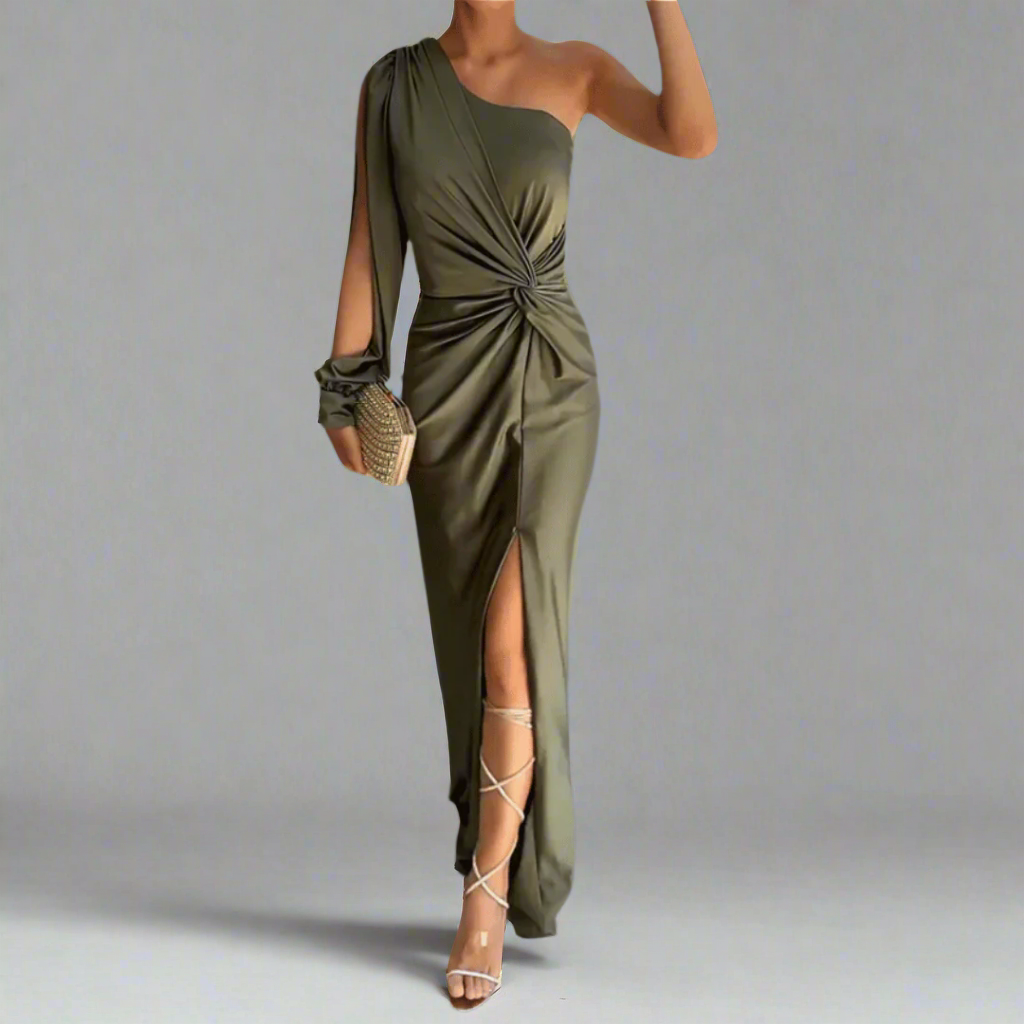 One-Shoulder Front-Slit Gathered-Waist Maxi Dress