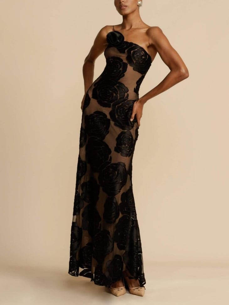 One-Shoulder Sleeveless Raised Floral Maxi Dress
