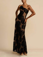 One-Shoulder Sleeveless Raised Floral Maxi Dress