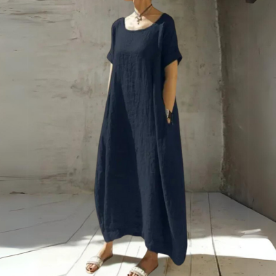 Round Neck Short Sleeve Textured Linen Maxi Dress