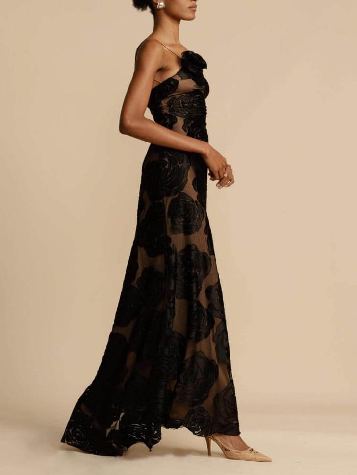 One-Shoulder Sleeveless Raised Floral Maxi Dress