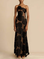 One-Shoulder Sleeveless Raised Floral Maxi Dress