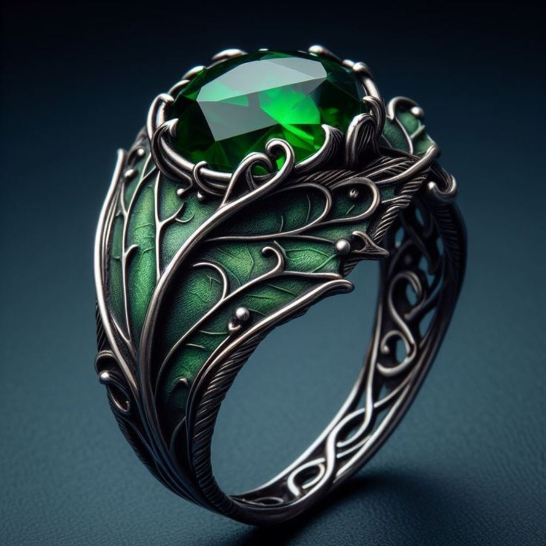 Silver-Tone Lotus Green Crystal Ring