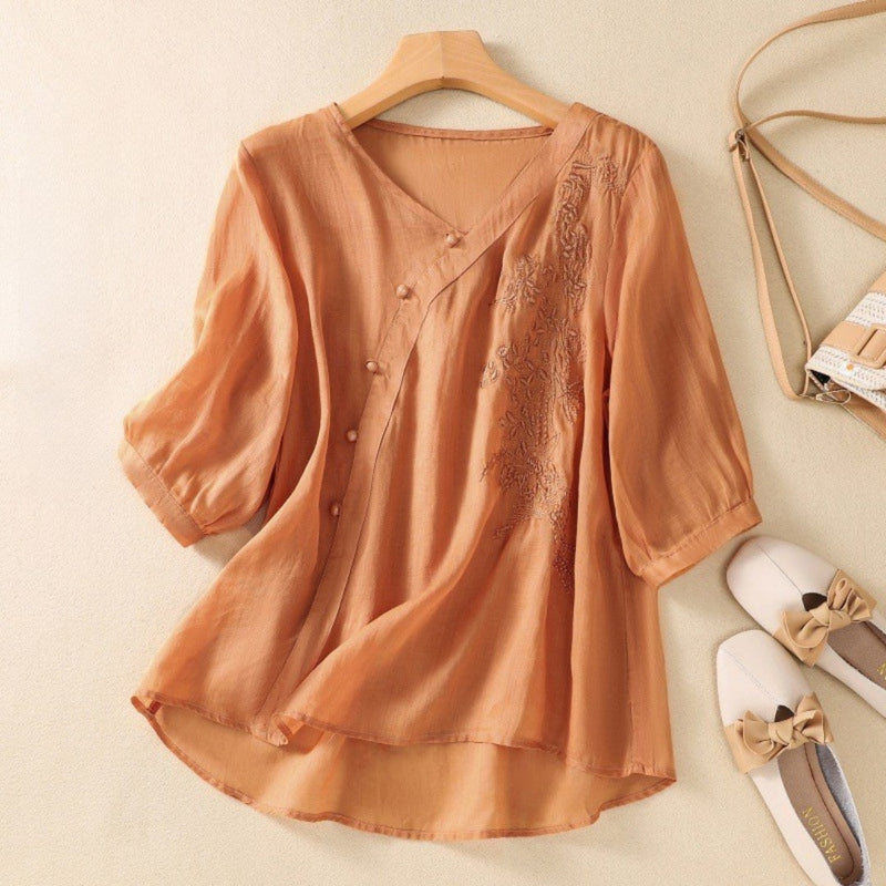 Embroidered Mid-Sleeve Blouse with Asymmetric Button Front
