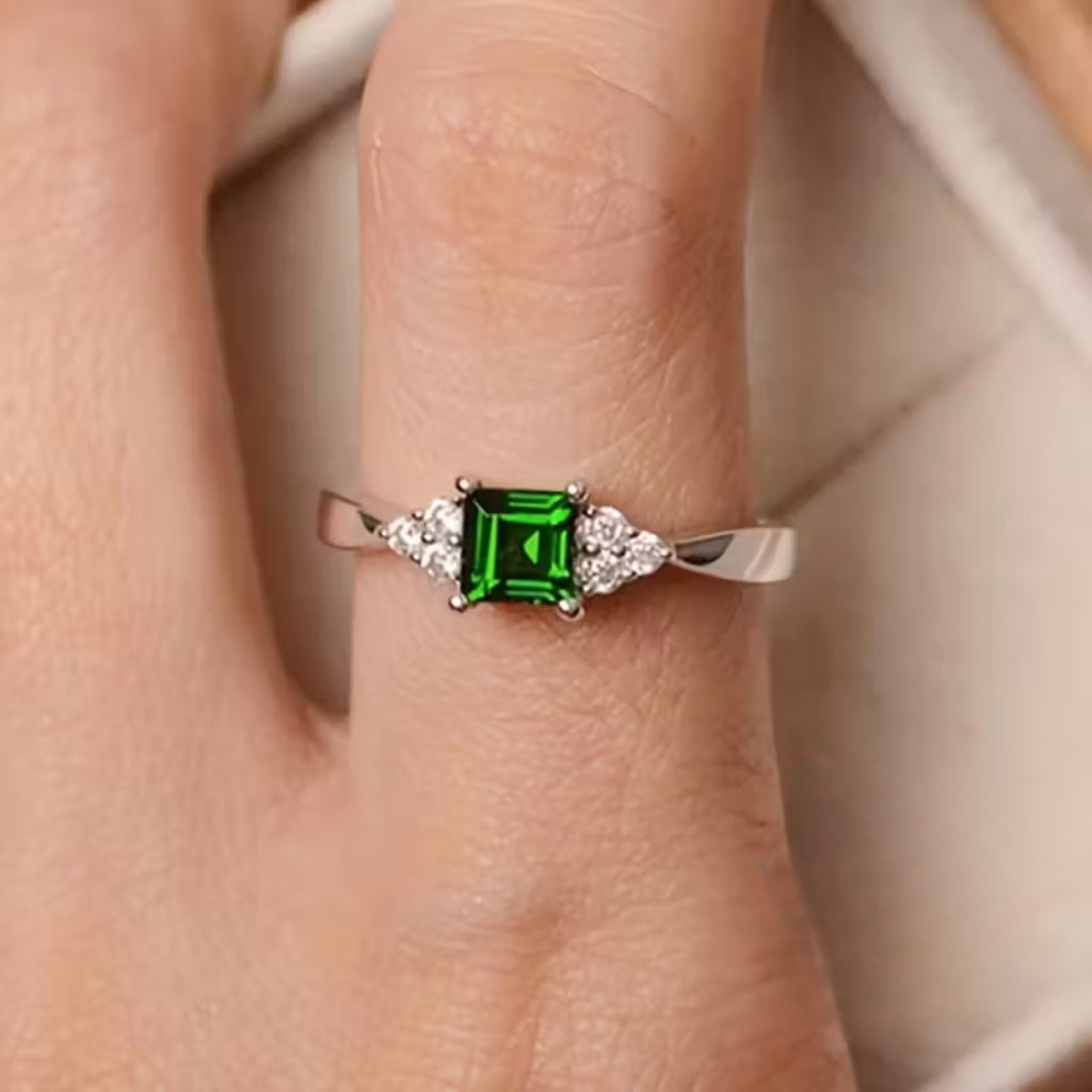 Emerald-Look Solitaire Silver-Tone Ring