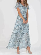 Floral V-Neck Flutter Sleeve Flowing Maxi Dress