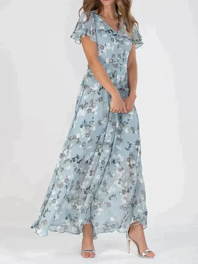 Floral V-Neck Flutter Sleeve Flowing Maxi Dress