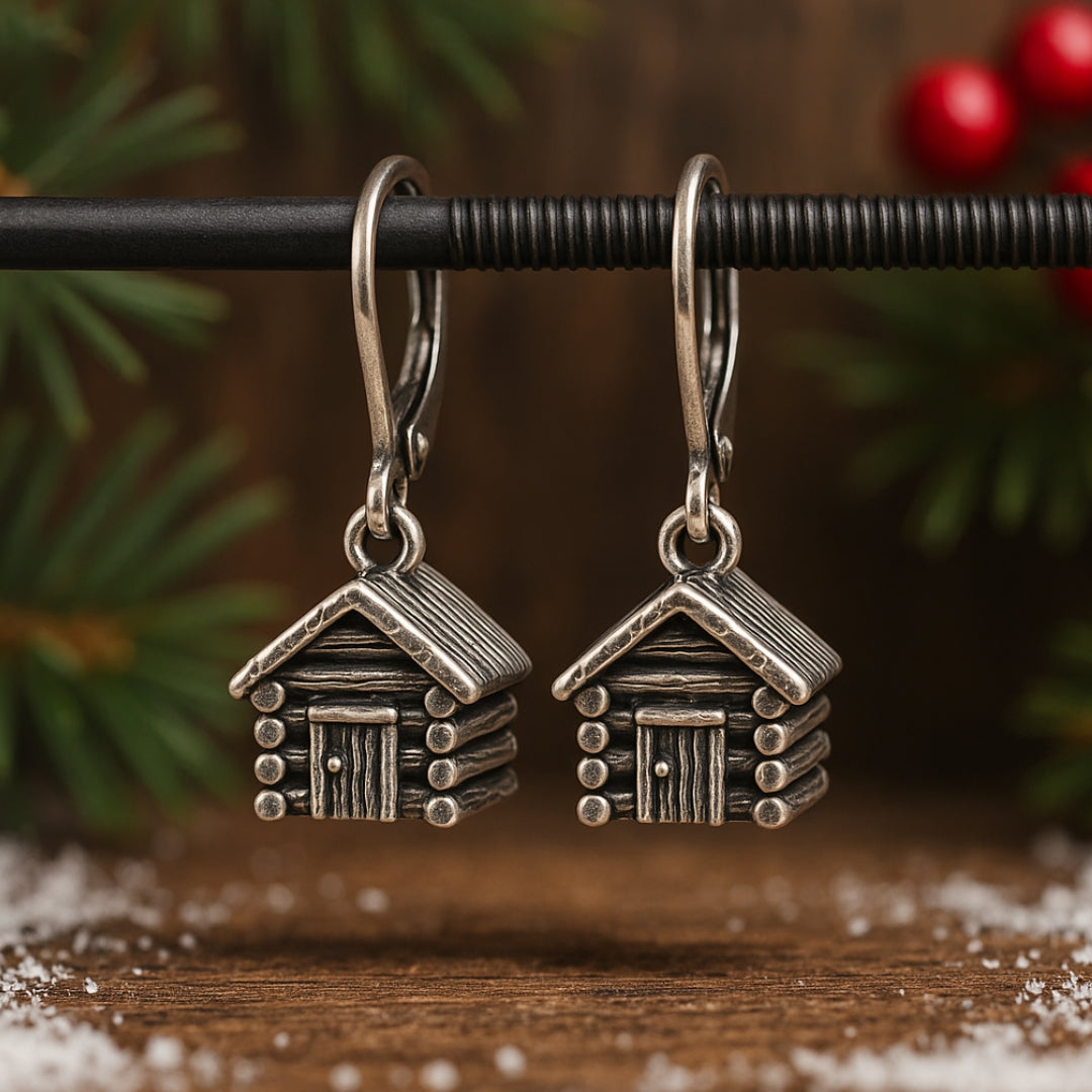 Silver-Tone Wood House Earrings