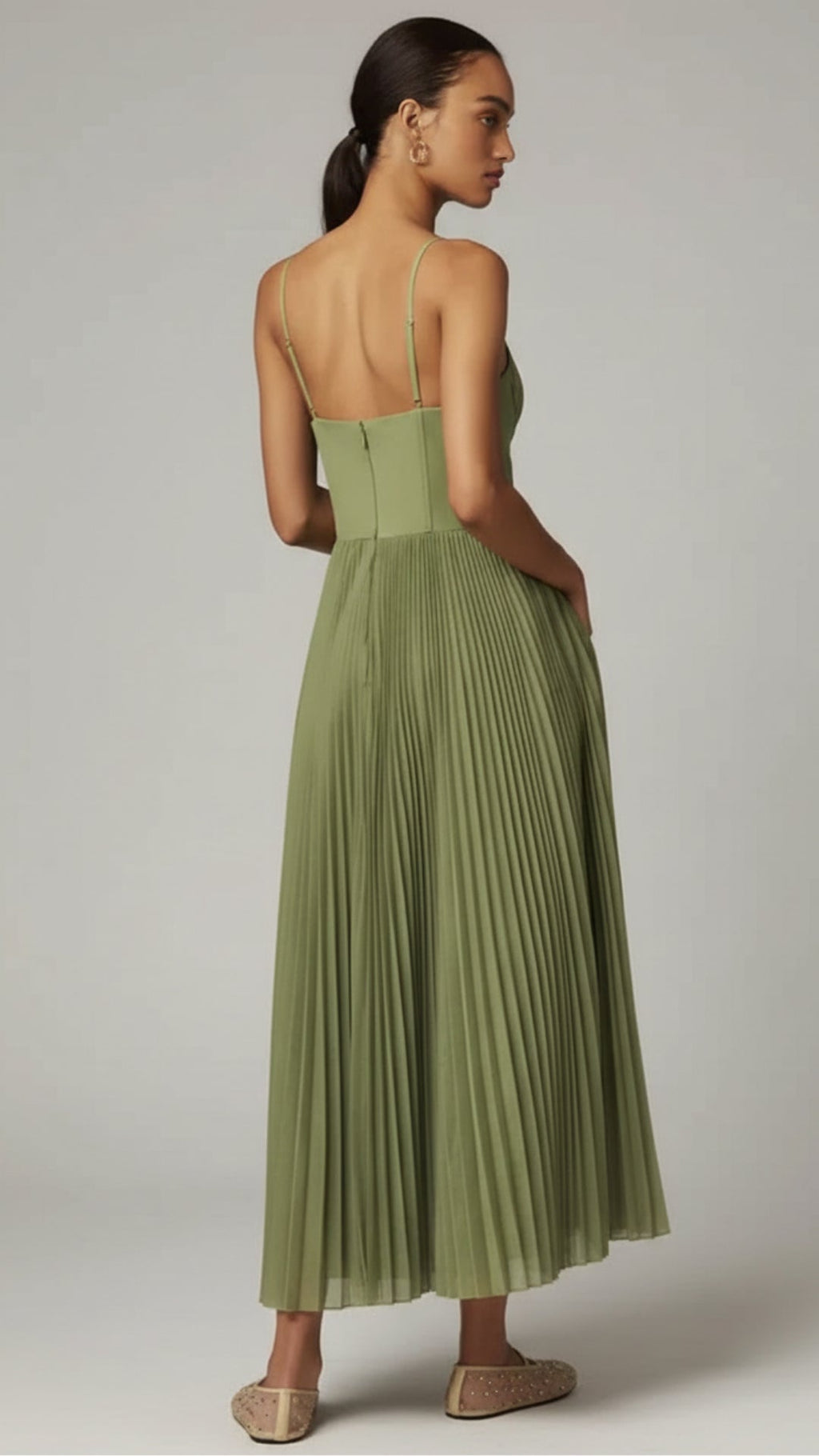 Pleated Corset-Bodice Slim-Strap Maxi Dress