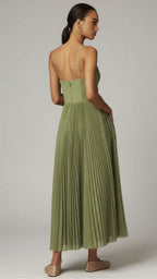 Pleated Corset-Bodice Slim-Strap Maxi Dress