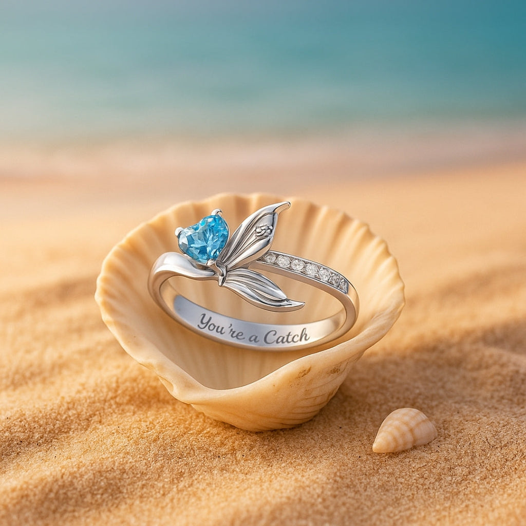 Adjustable Opal-Look Tail and Heart Silver-Tone Ring