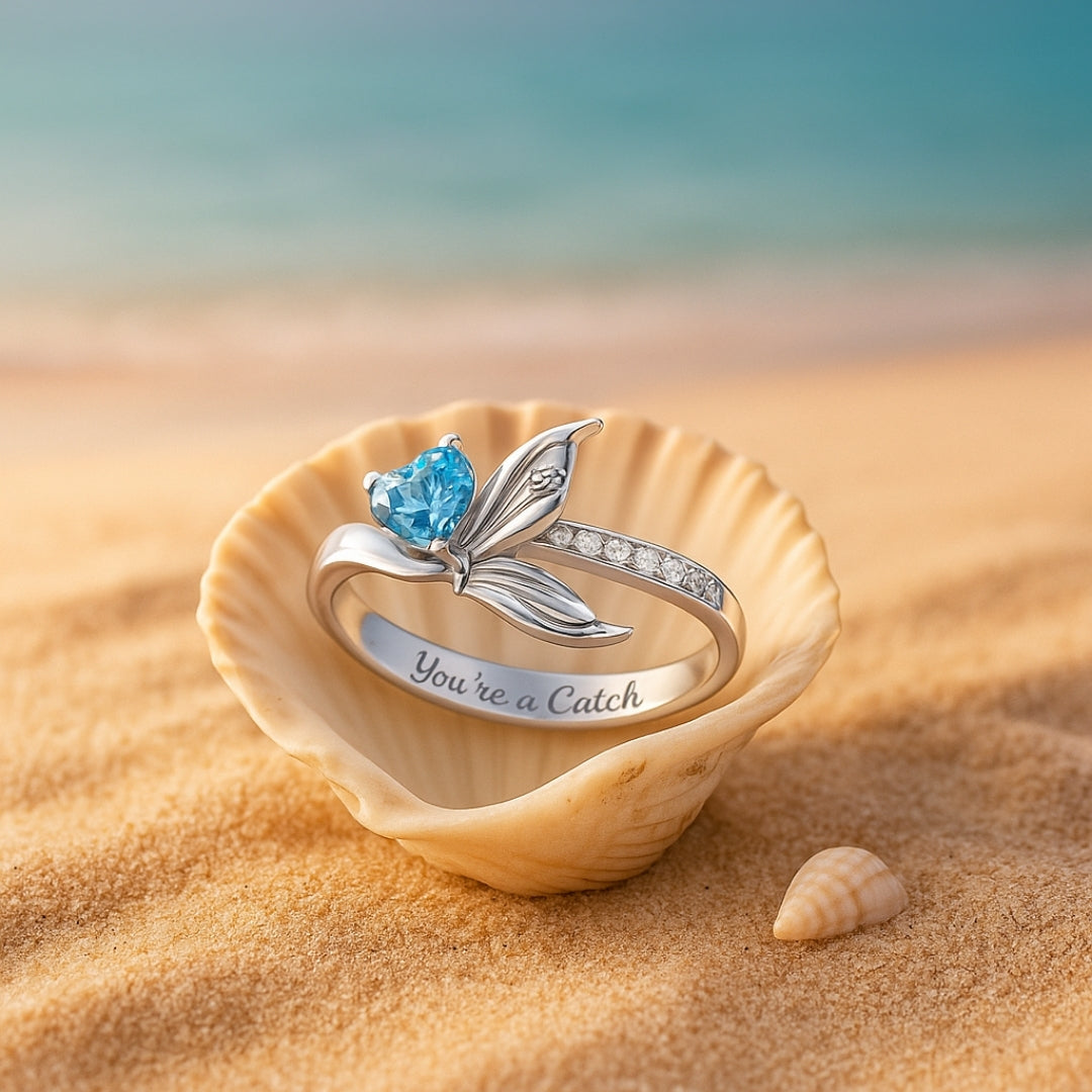 Adjustable Opal-Look Tail and Heart Silver-Tone Ring