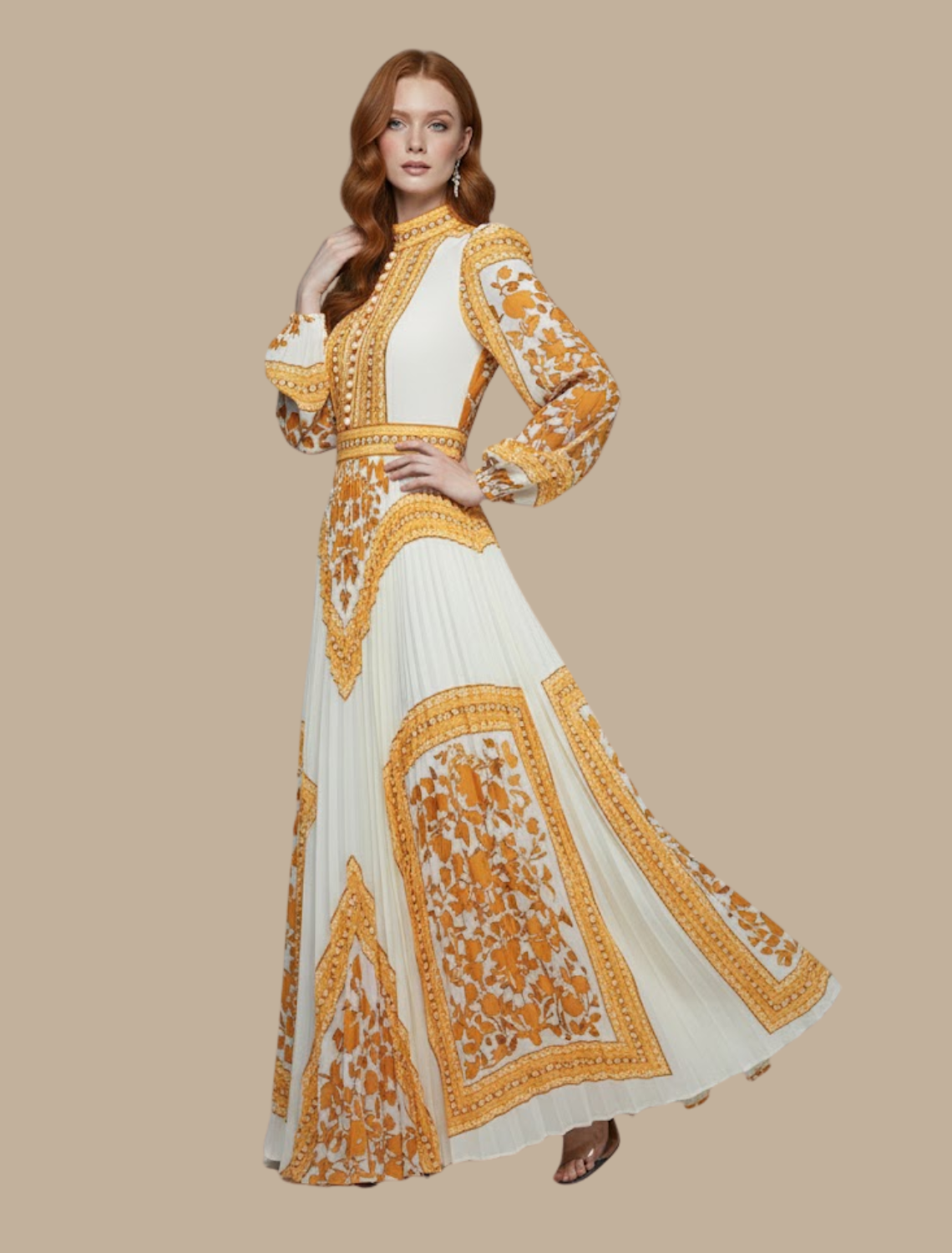 Printed Mock Neck Long Sleeve Maxi Dress