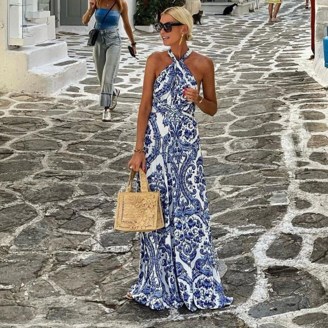 Patterned Sleeveless Halter Neck Flowing Maxi Dress