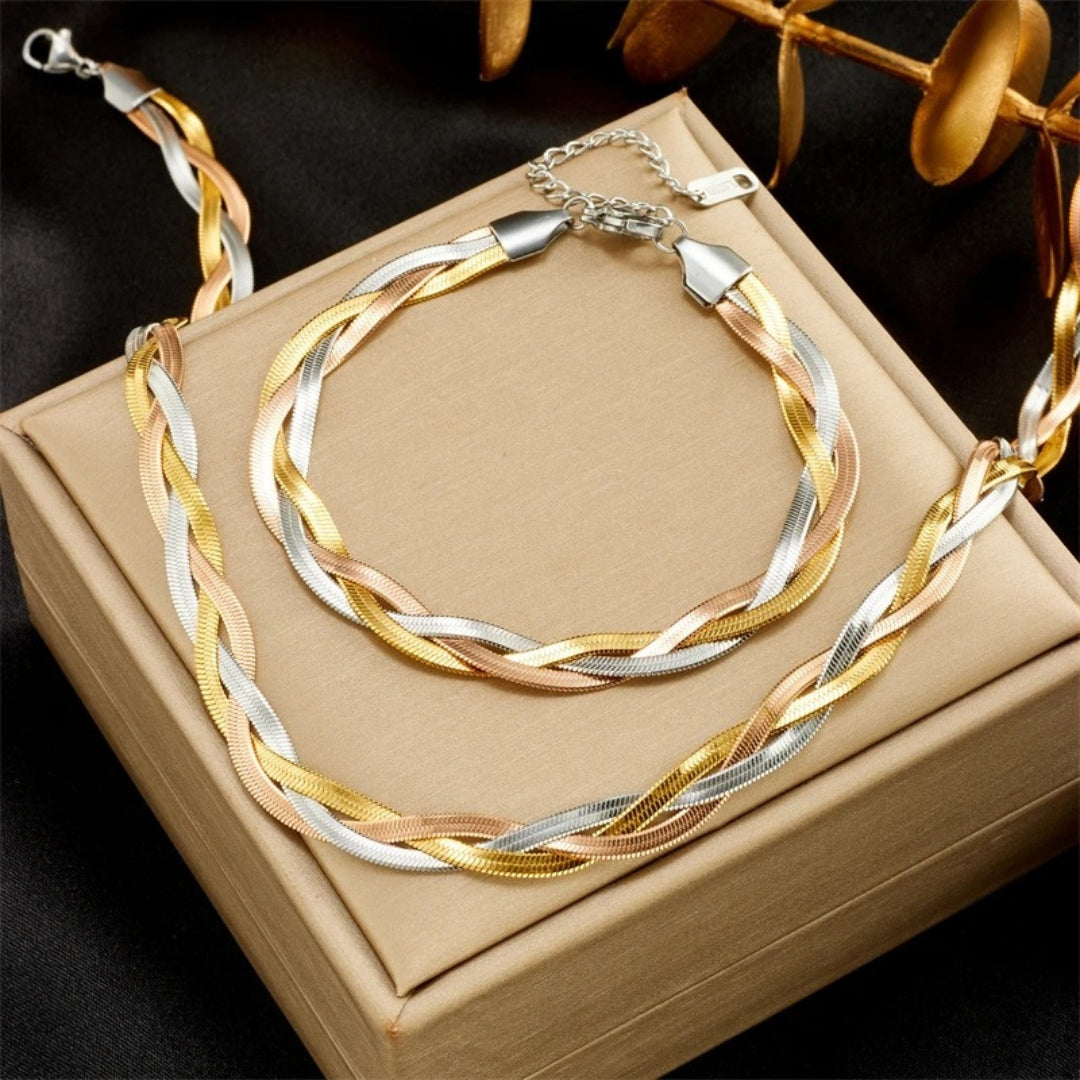 Set met slangenketting en armband in goudkleurig staal