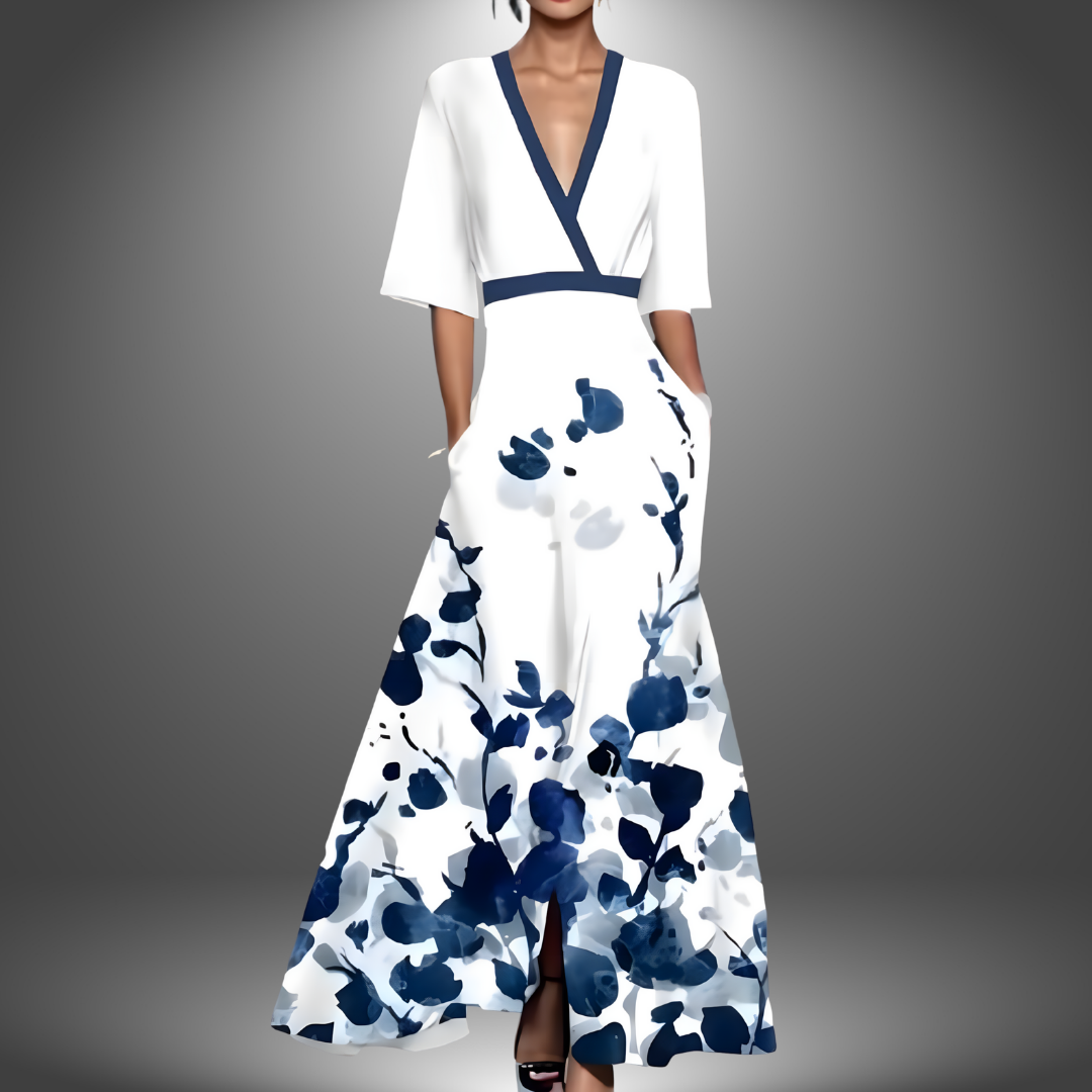 Floral Mid-Length Sleeve Flowing Maxi Dress