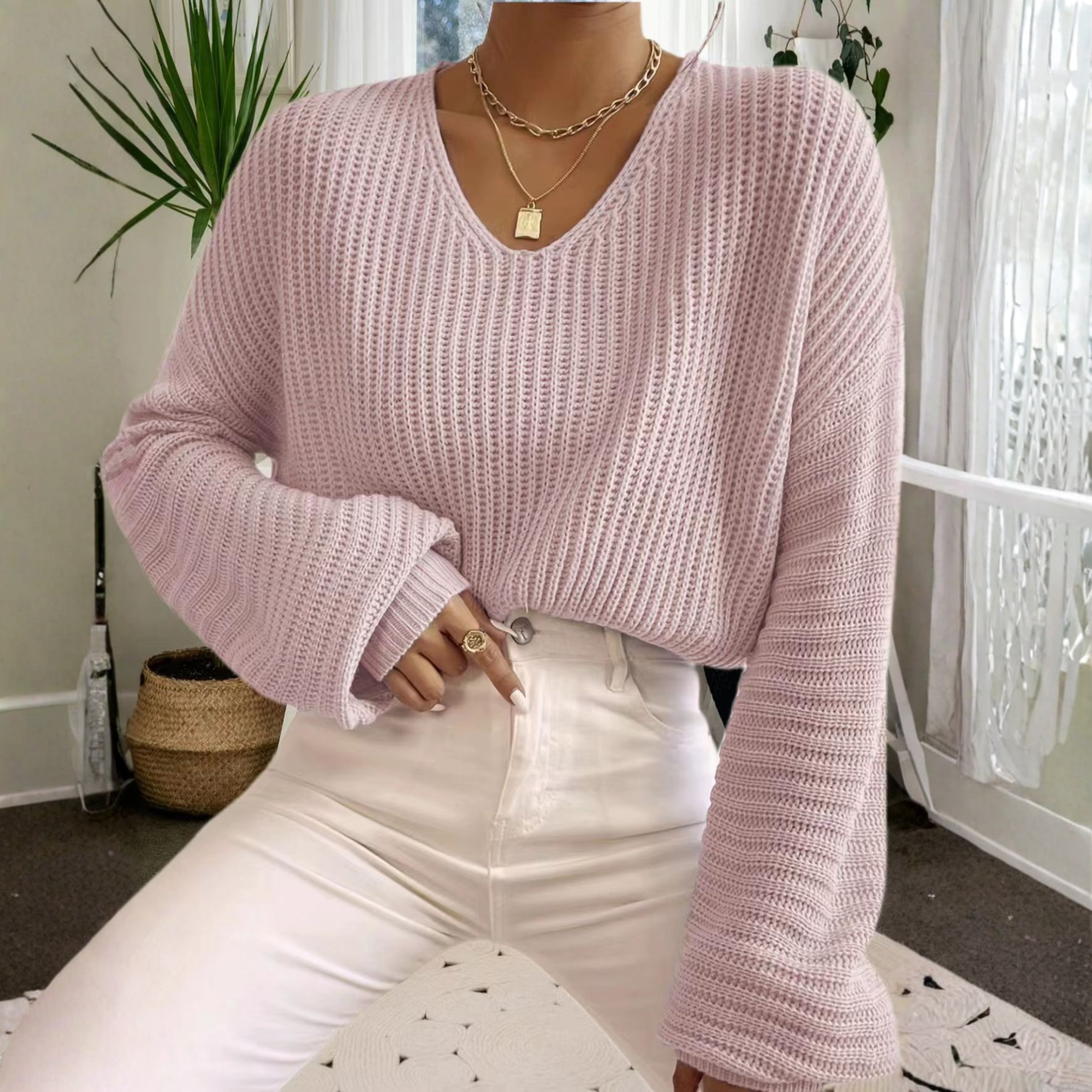 Slim Fit V Neck Knit Jumper with Long Sleeves for Layering