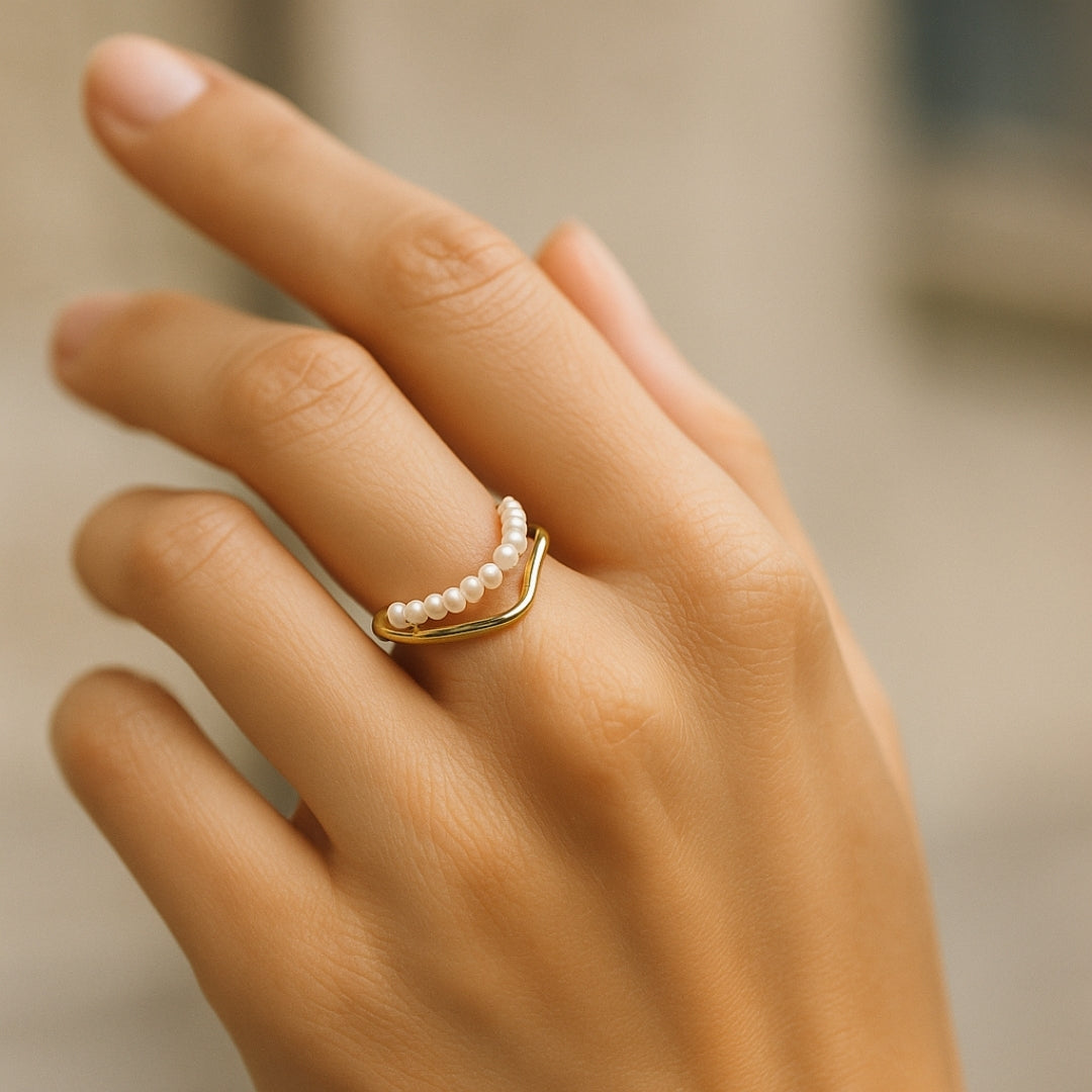 Adjustable Wavy Pearl Gold-Tone Ring
