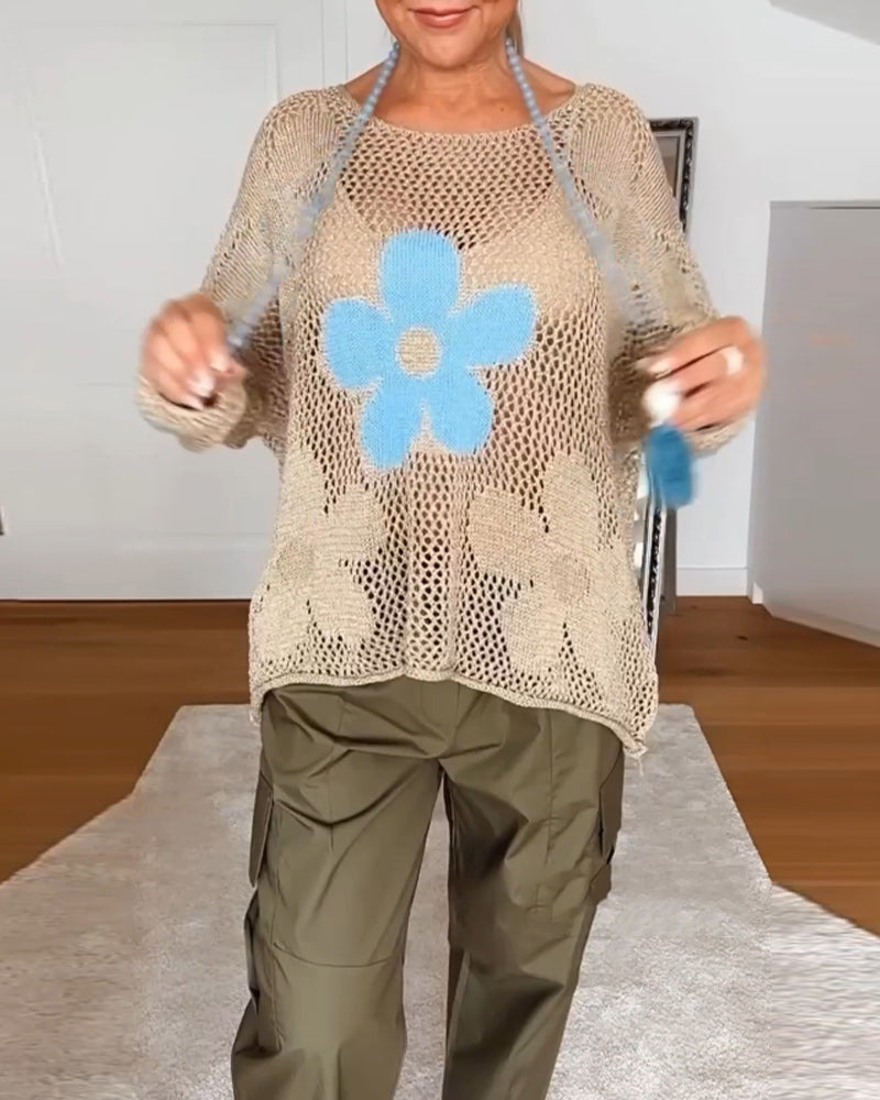 Bloom Women's Crochet Top Floral Open Weave Long Sleeve