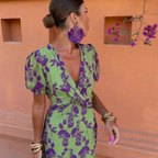 Pleated Tie-Waist V-Neck Short Sleeve Midi Dress
