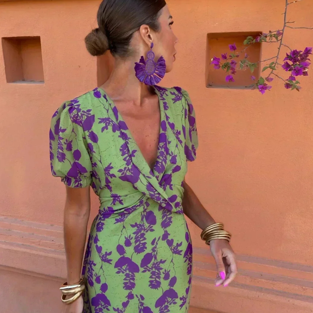 Pleated Tie-Waist V-Neck Short Sleeve Midi Dress