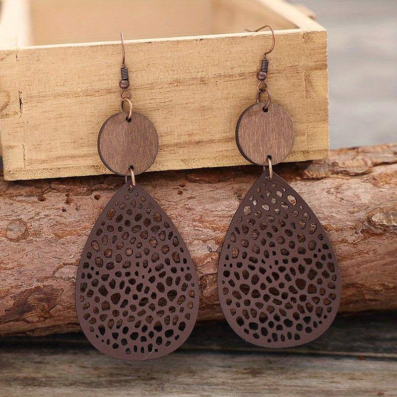 Vintage Hollow Faux Leather Drop Earrings