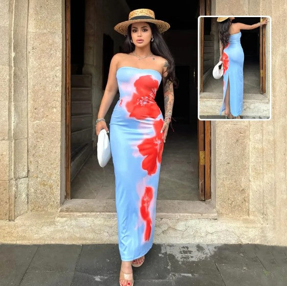 Floral Print Strapless Tube Dress