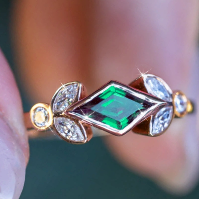 Leaf-Accent Green Cubic Zirconia Ring